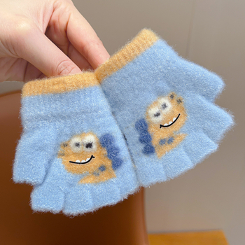 Bērnu pirkstu daļējiem cimdiem rudens–ziemas sezonai, džakarda dinosaura raksts, piecu pirkstu dalīts dizains, universāli silti ziemas cimdi