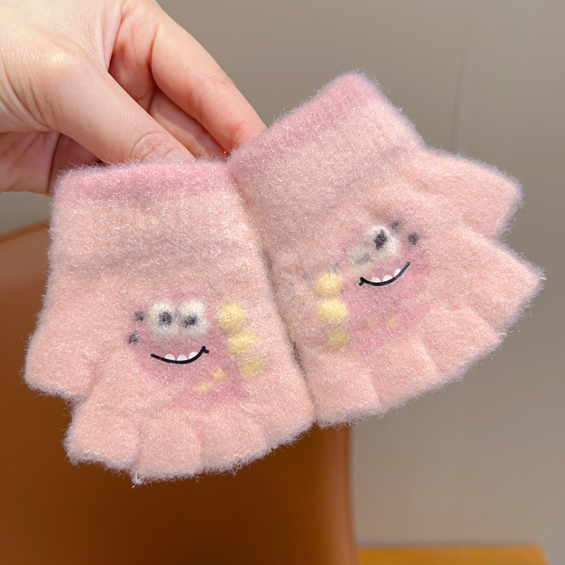 Bērnu pirkstu daļējiem cimdiem rudens–ziemas sezonai, džakarda dinosaura raksts, piecu pirkstu dalīts dizains, universāli silti ziemas cimdi