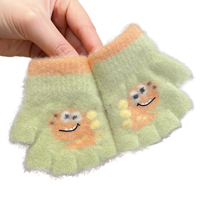 Bērnu pirkstu daļējiem cimdiem rudens–ziemas sezonai, džakarda dinosaura raksts, piecu pirkstu dalīts dizains, universāli silti ziemas cimdi