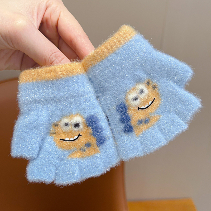 Bērnu pirkstu daļējiem cimdiem rudens–ziemas sezonai, džakarda dinosaura raksts, piecu pirkstu dalīts dizains, universāli silti ziemas cimdi