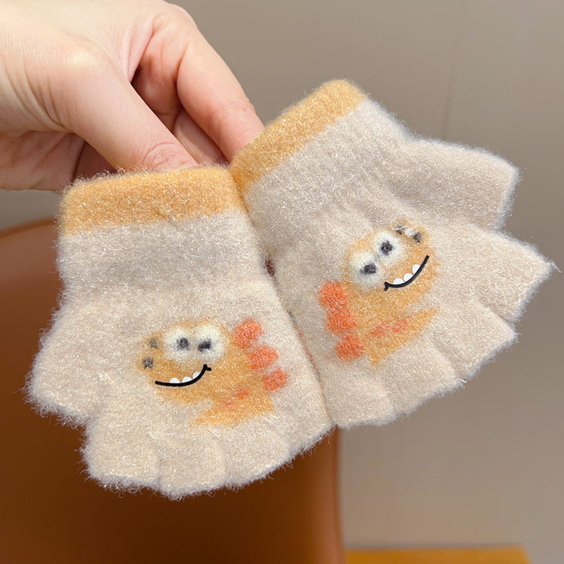 Bērnu pirkstu daļējiem cimdiem rudens–ziemas sezonai, džakarda dinosaura raksts, piecu pirkstu dalīts dizains, universāli silti ziemas cimdi