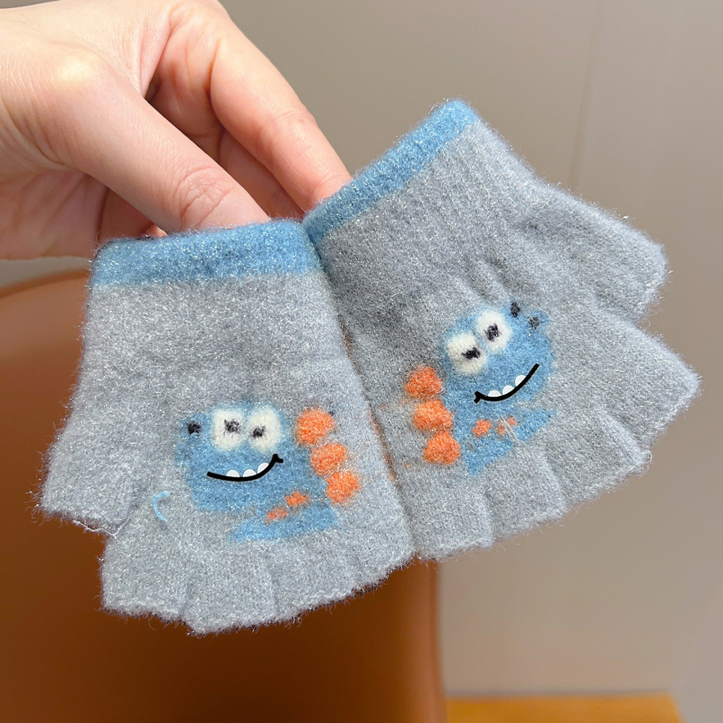 Bērnu pirkstu daļējiem cimdiem rudens–ziemas sezonai, džakarda dinosaura raksts, piecu pirkstu dalīts dizains, universāli silti ziemas cimdi