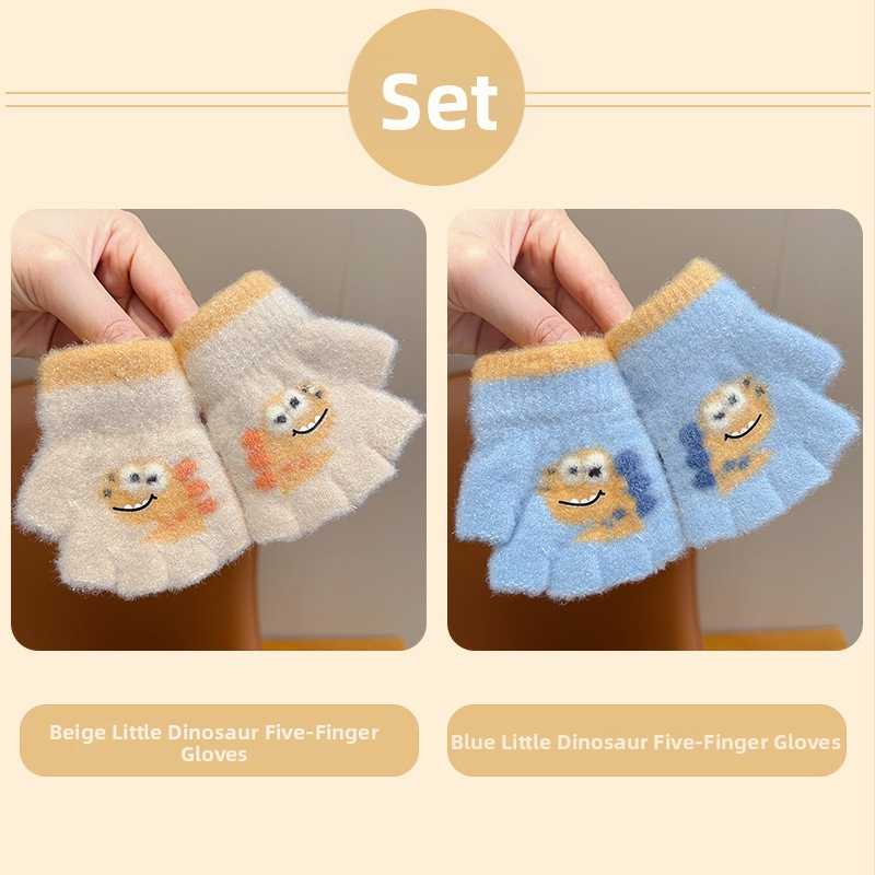 Bērnu pirkstu daļējiem cimdiem rudens–ziemas sezonai, džakarda dinosaura raksts, piecu pirkstu dalīts dizains, universāli silti ziemas cimdi