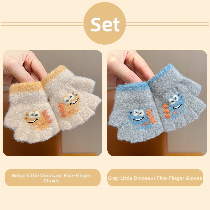 Bērnu pirkstu daļējiem cimdiem rudens–ziemas sezonai, džakarda dinosaura raksts, piecu pirkstu dalīts dizains, universāli silti ziemas cimdi