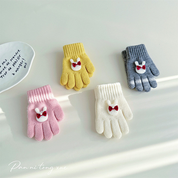 Meitenēm paredzētas vilnas adītas pirkstu cimdi ar karikatūras rakstu, rudens-zima, 5 pirkstu, silda, vecums 2–6 gadi