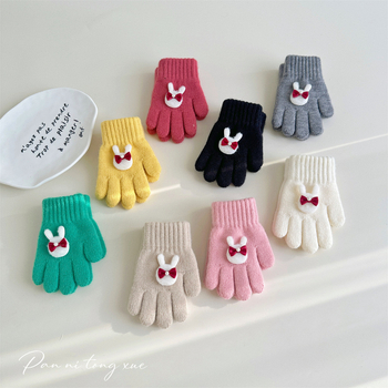 Meitenēm paredzētas vilnas adītas pirkstu cimdi ar karikatūras rakstu, rudens-zima, 5 pirkstu, silda, vecums 2–6 gadi