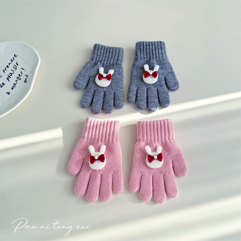 Meitenēm paredzētas vilnas adītas pirkstu cimdi ar karikatūras rakstu, rudens-zima, 5 pirkstu, silda, vecums 2–6 gadi