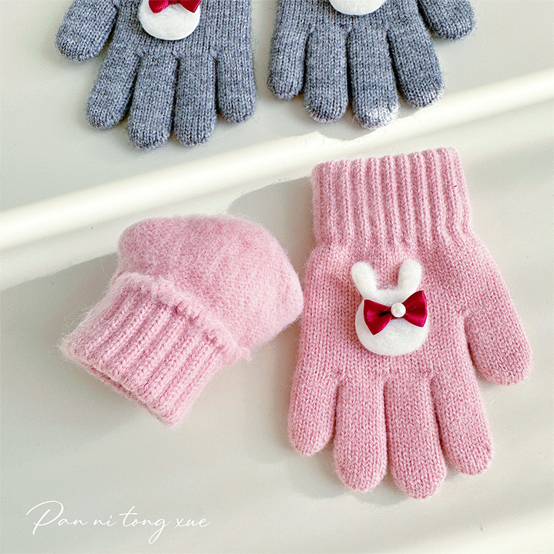 Meitenēm paredzētas vilnas adītas pirkstu cimdi ar karikatūras rakstu, rudens-zima, 5 pirkstu, silda, vecums 2–6 gadi