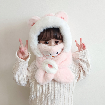 Gyerekek téli fülvédős sapka — plüss kapucnival, sállal és maszkkal, poliészter rost, Kiadás: 2023 télen