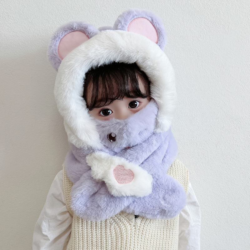 Gyerekek téli fülvédős sapka — plüss kapucnival, sállal és maszkkal, poliészter rost, Kiadás: 2023 télen