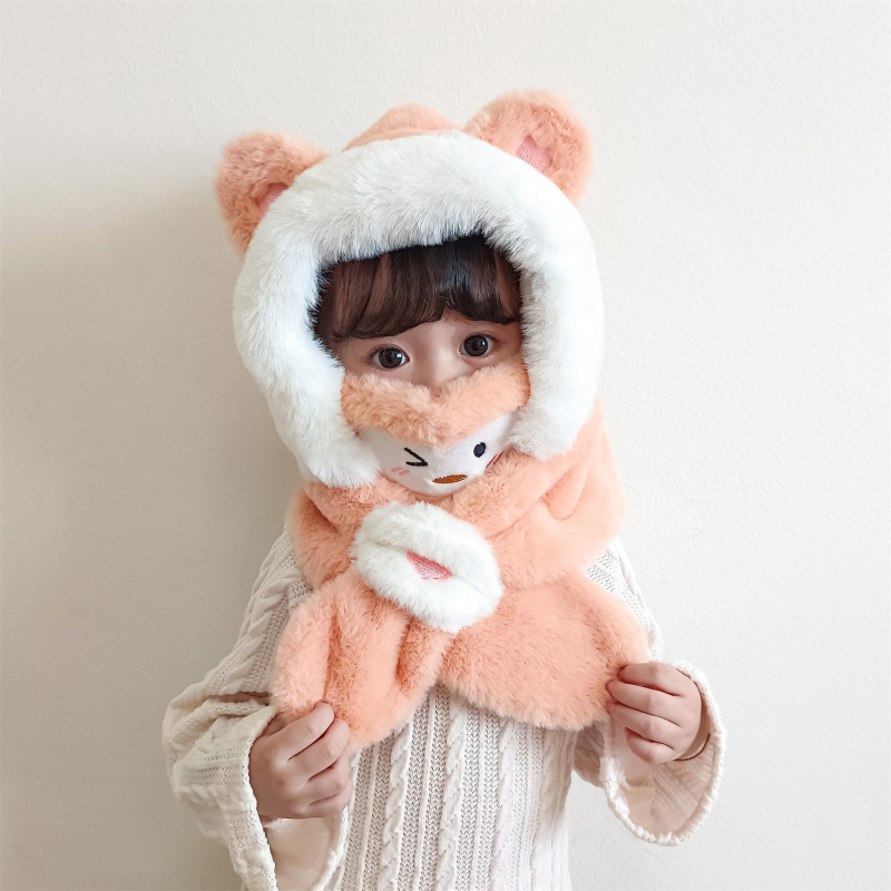 Gyerekek téli fülvédős sapka — plüss kapucnival, sállal és maszkkal, poliészter rost, Kiadás: 2023 télen
