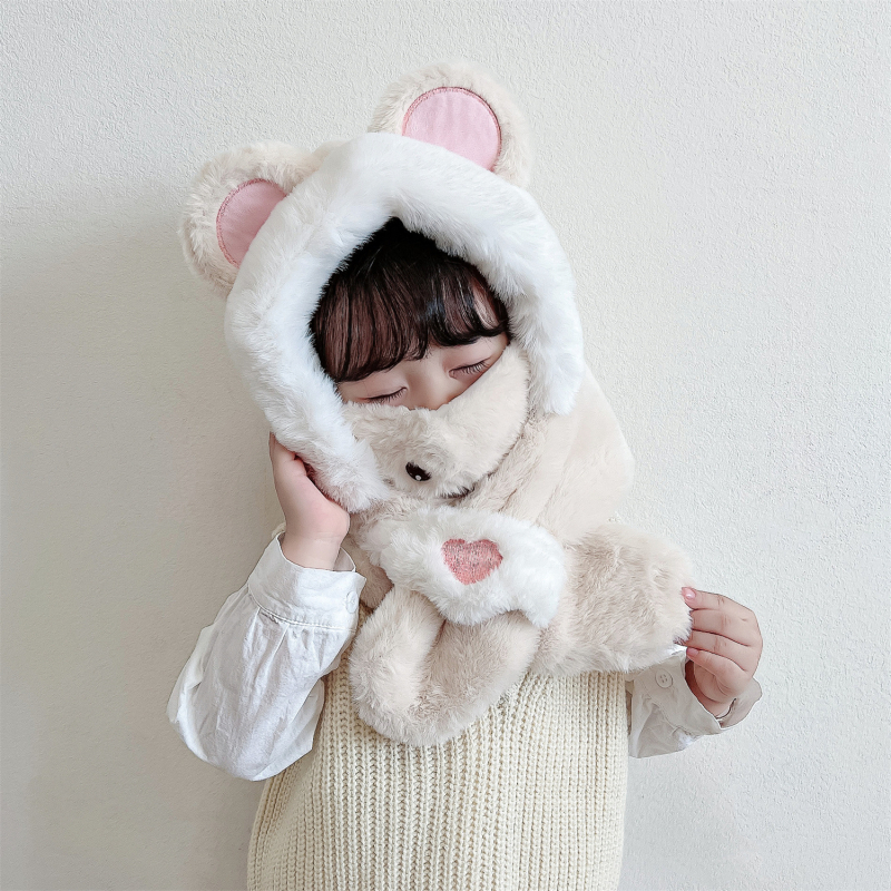 Gyerekek téli fülvédős sapka — plüss kapucnival, sállal és maszkkal, poliészter rost, Kiadás: 2023 télen