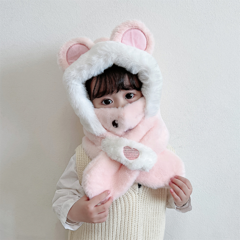 Gyerekek téli fülvédős sapka — plüss kapucnival, sállal és maszkkal, poliészter rost, Kiadás: 2023 télen