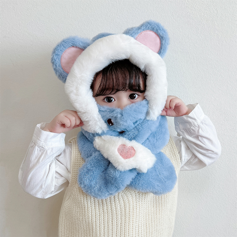 Gyerekek téli fülvédős sapka — plüss kapucnival, sállal és maszkkal, poliészter rost, Kiadás: 2023 télen