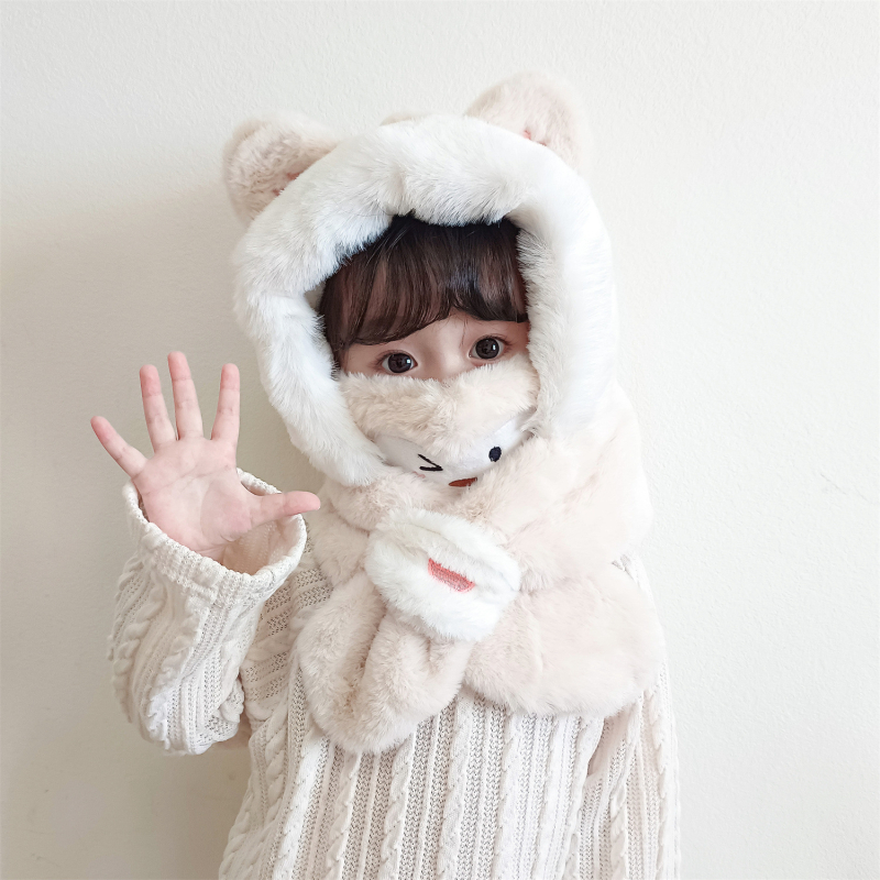 Gyerekek téli fülvédős sapka — plüss kapucnival, sállal és maszkkal, poliészter rost, Kiadás: 2023 télen