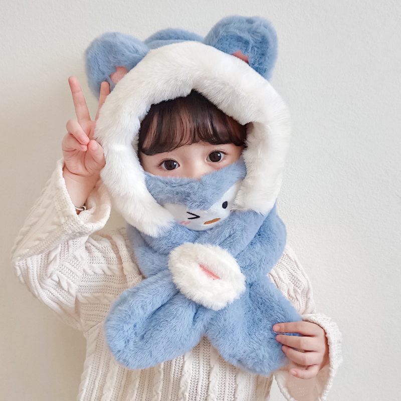 Gyerekek téli fülvédős sapka — plüss kapucnival, sállal és maszkkal, poliészter rost, Kiadás: 2023 télen