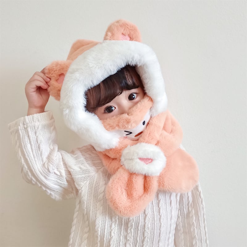 Gyerekek téli fülvédős sapka — plüss kapucnival, sállal és maszkkal, poliészter rost, Kiadás: 2023 télen
