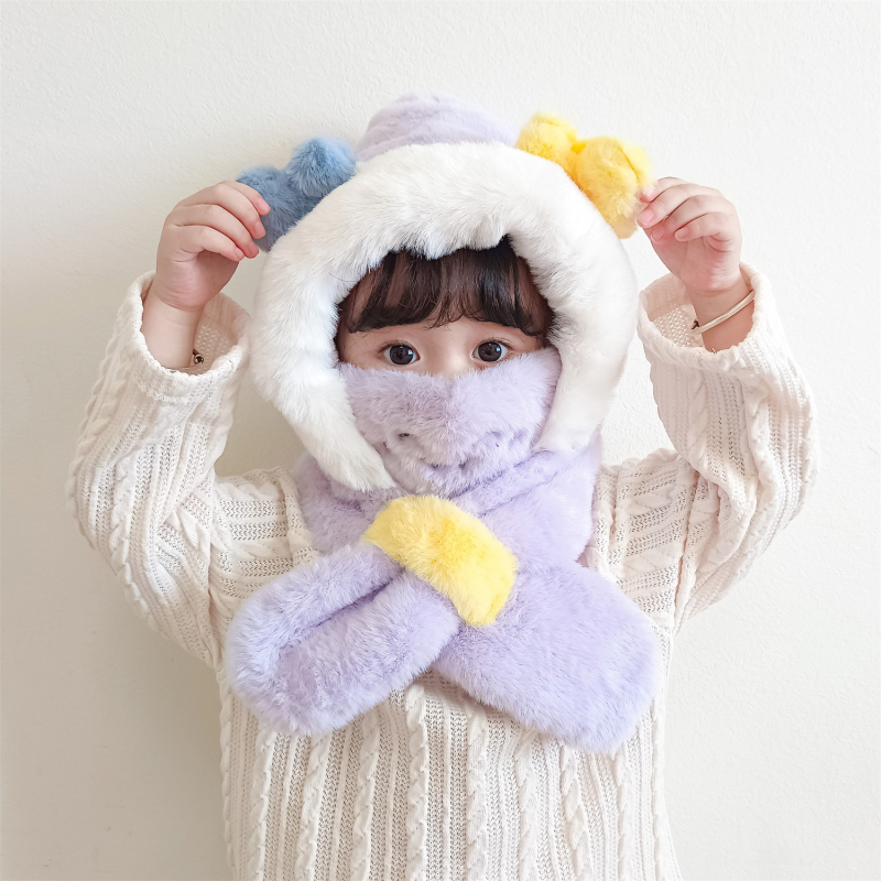 Gyerekek téli fülvédős sapka — plüss kapucnival, sállal és maszkkal, poliészter rost, Kiadás: 2023 télen