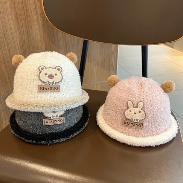 Slatka kapa s zecom za bebe, pletena pliš čiapka bucket za zimu, unisex, za djecu od 6 do 48 mjeseci