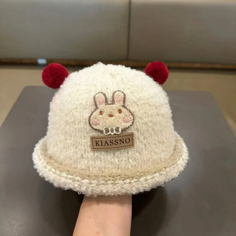 Slatka kapa s zecom za bebe, pletena pliš čiapka bucket za zimu, unisex, za djecu od 6 do 48 mjeseci