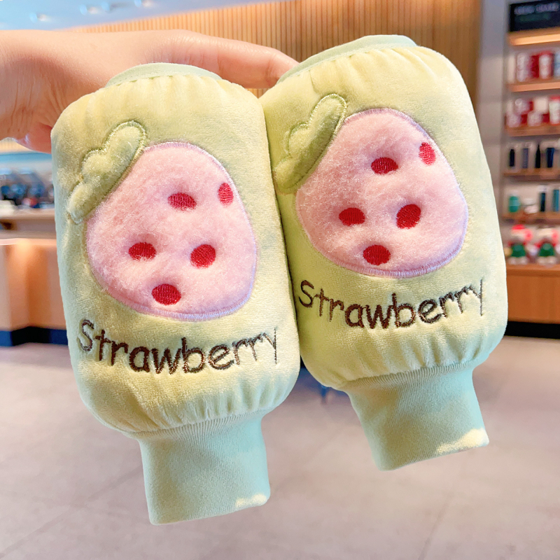 Bērnu velūra aizsargšūnas uz piedurknēm pret netīrumiem rudens-ziemas-pavasara sezonai, vecuma grupa 3–13 gadi, augļu karikatūras raksts