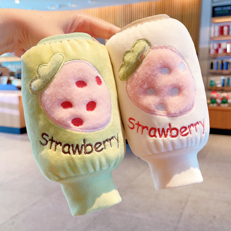 Bērnu velūra aizsargšūnas uz piedurknēm pret netīrumiem rudens-ziemas-pavasara sezonai, vecuma grupa 3–13 gadi, augļu karikatūras raksts