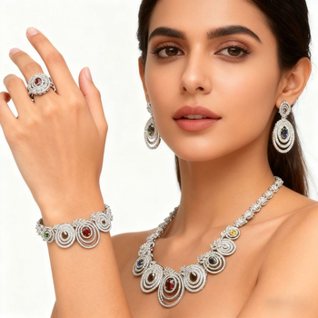 Set de bijuterii din cupru cu zirconiu: colier, cercei, brățară și inel în stil etnic exotic