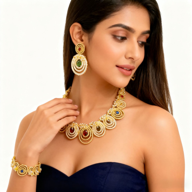 Set de bijuterii din cupru cu zirconiu: colier, cercei, brățară și inel în stil etnic exotic