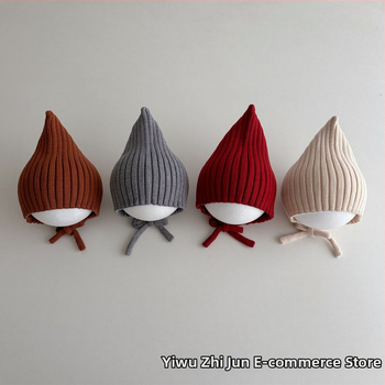 Adīta bērnu cepure ar smailu virsu un aizsargājošu siksnu, auss aizsardzība; silta un vēja izturīga ziemas cepure 6–12 mēnešiem