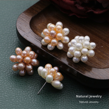 Naušnice od prirodnih slatkovodnih bisera, ručno pletene kuglice u obliku cvijeta, popcorn stil nakita