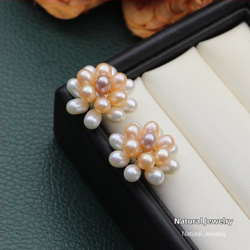 Naušnice od prirodnih slatkovodnih bisera, ručno pletene kuglice u obliku cvijeta, popcorn stil nakita