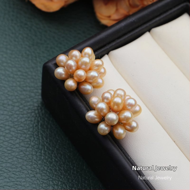 Naušnice od prirodnih slatkovodnih bisera, ručno pletene kuglice u obliku cvijeta, popcorn stil nakita