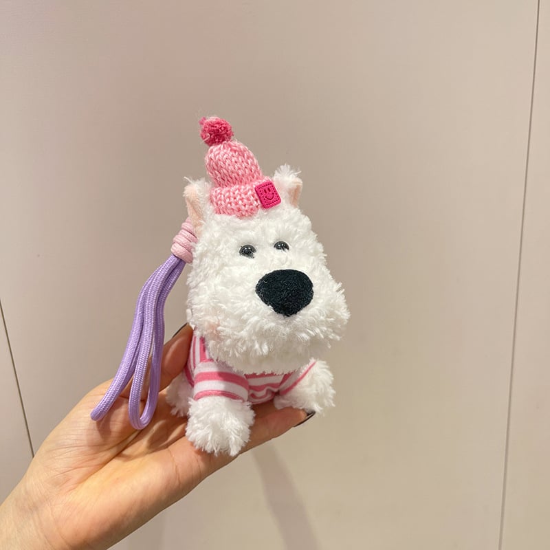 Suņa pūkains atslēgu piekariņš – multfilmu stils, PP kokvilnas pildījums, pielāgojami paraugi, bērniem 4–6 gadi