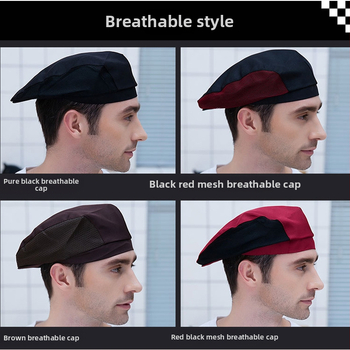 Vasaros beretė šefų kepurė su kvėpuojančiu tinklu, poliesteris, spausdintas logotipas, catering darbo kepurė