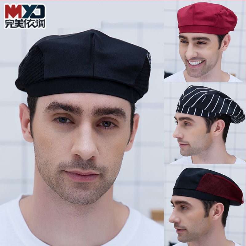 Vasaros beretė šefų kepurė su kvėpuojančiu tinklu, poliesteris, spausdintas logotipas, catering darbo kepurė