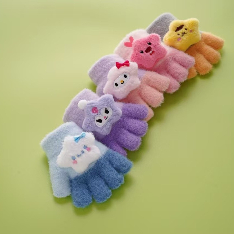 Bērnu adīti piecpirkstu cimdi rudens–ziemas sezonai – karikatūru raksts, silti, universāli, bērniem