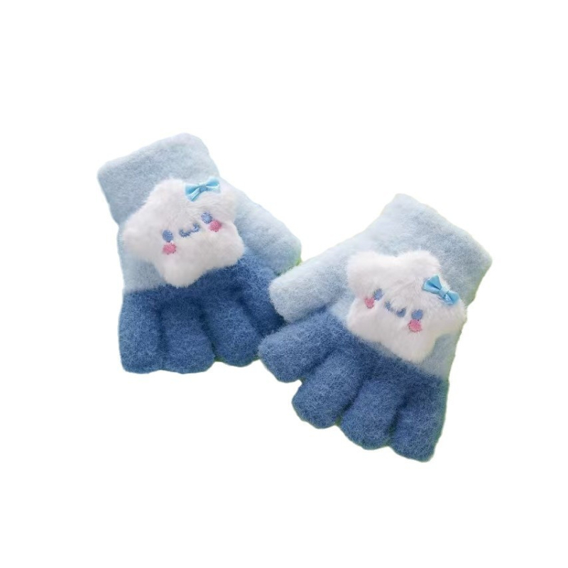 Bērnu adīti piecpirkstu cimdi rudens–ziemas sezonai – karikatūru raksts, silti, universāli, bērniem