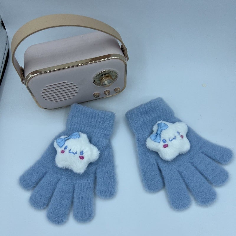 Bērnu adīti piecpirkstu cimdi rudens–ziemas sezonai – karikatūru raksts, silti, universāli, bērniem