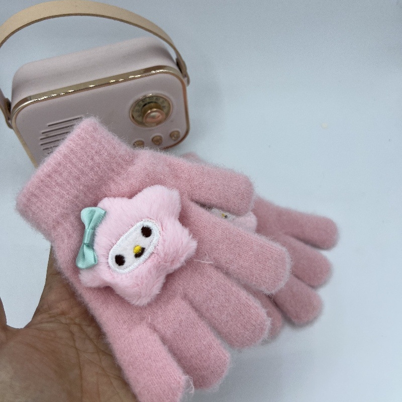 Bērnu adīti piecpirkstu cimdi rudens–ziemas sezonai – karikatūru raksts, silti, universāli, bērniem