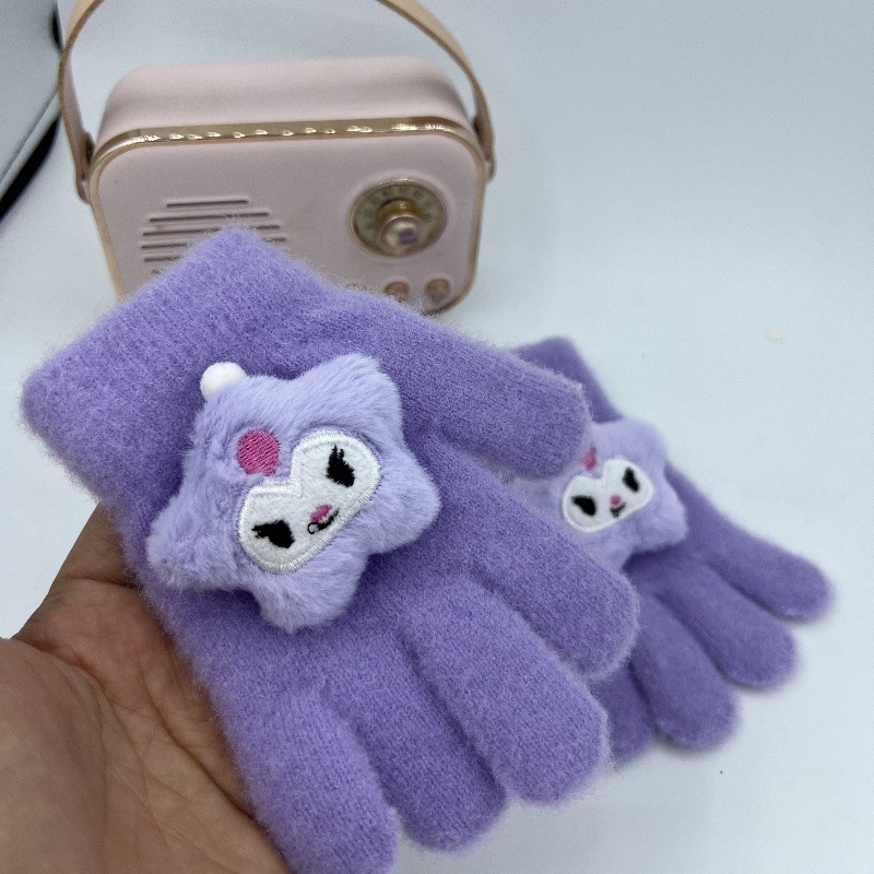 Bērnu adīti piecpirkstu cimdi rudens–ziemas sezonai – karikatūru raksts, silti, universāli, bērniem