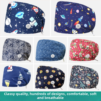 Unisex medvilninė chirurginė kepurė su spauda, plokščias viršus ir kraštas, skirta medicinos personalui, prekės ženklas Nianqing, pavasaris 2023