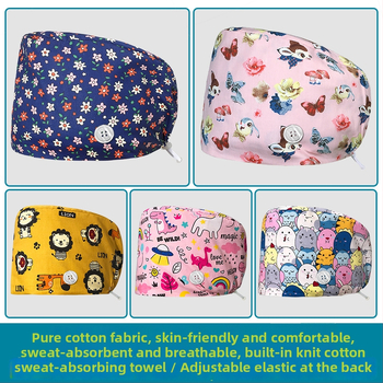 Unisex medvilninė chirurginė kepurė su spauda, plokščias viršus ir kraštas, skirta medicinos personalui, prekės ženklas Nianqing, pavasaris 2023