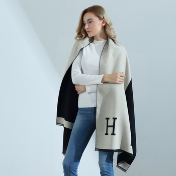 Ženski šal jacquard dvostrani s slovom H, imitacija kašmira, baza od poliestera, Jacquard obrada, topao