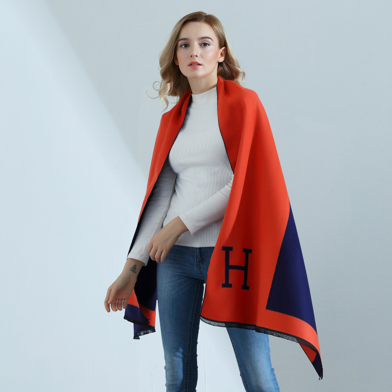 Ženski šal jacquard dvostrani s slovom H, imitacija kašmira, baza od poliestera, Jacquard obrada, topao