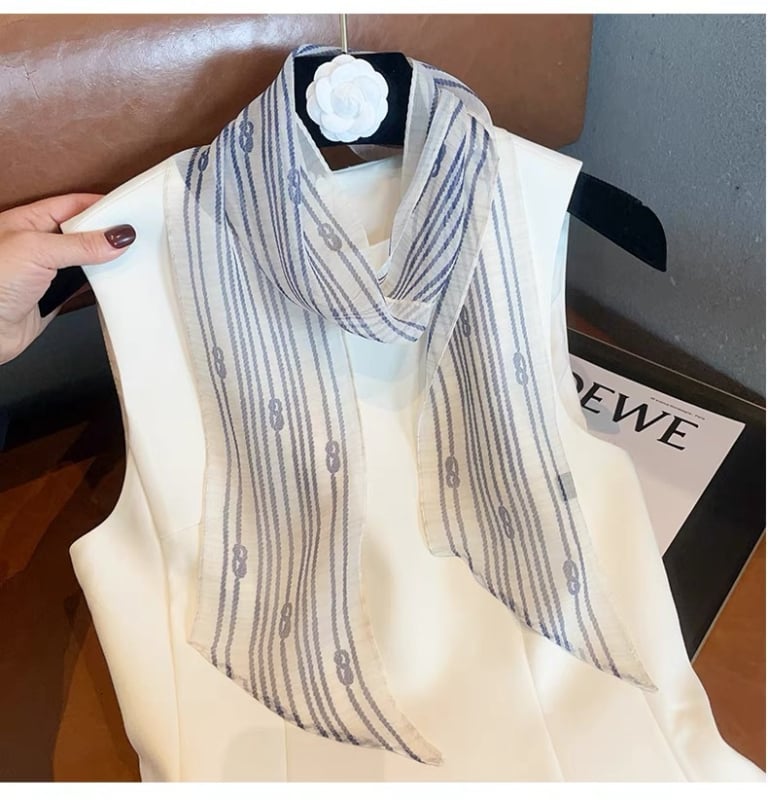 Копринен шал Georgette за жени, професионален офис стил, дълъг тесен модел (100% коприна, crepe тъкан, печат, лято)