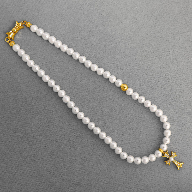 Műgyöngy kereszt nyaklánc sárgaréz medállal, geometriai gyöngy lánc, 44,6 g