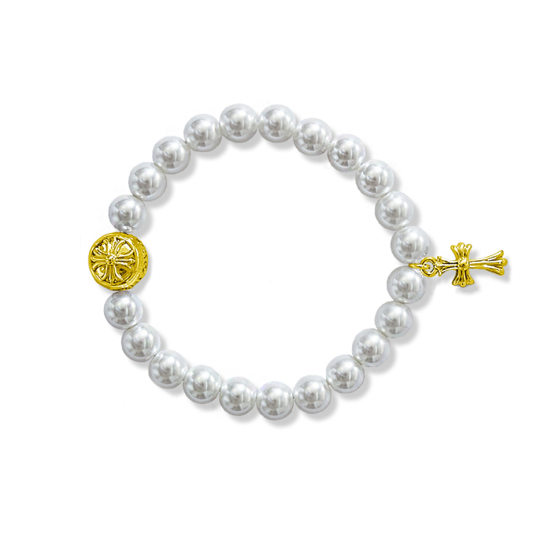 Műgyöngy kereszt nyaklánc sárgaréz medállal, geometriai gyöngy lánc, 44,6 g