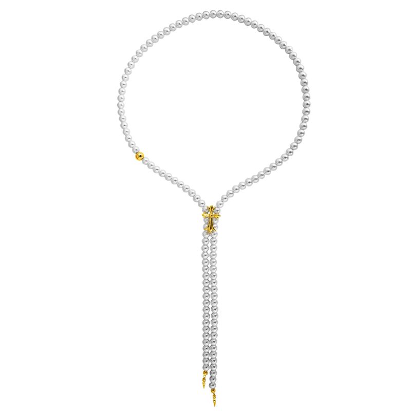 Műgyöngy kereszt nyaklánc sárgaréz medállal, geometriai gyöngy lánc, 44,6 g