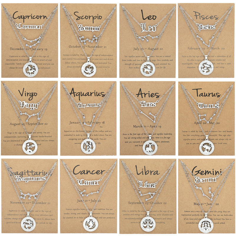 12 csillagjegyű nyaklánc, retro stílusú medállal, csillagképpel, keresztezett lánc, ötvözet anyagú, hossz 47–56 cm, három darabos ékszerszett