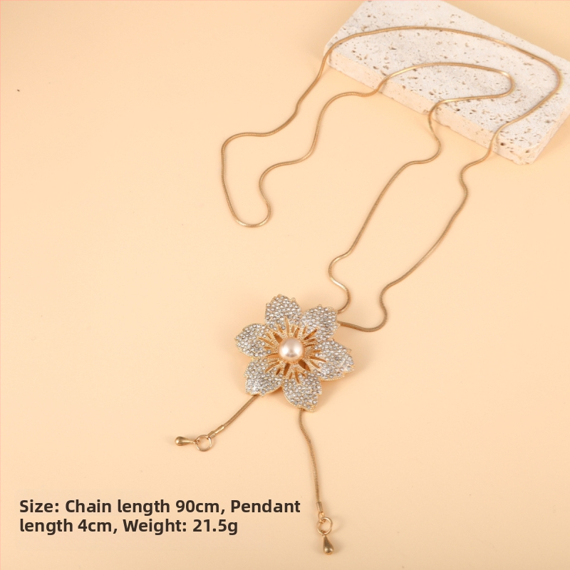 Korėjiečių stiliaus ilgas kaklo papuošalas su gėlių motyvu, lydinio karoliukų grandinė, langinis raštas